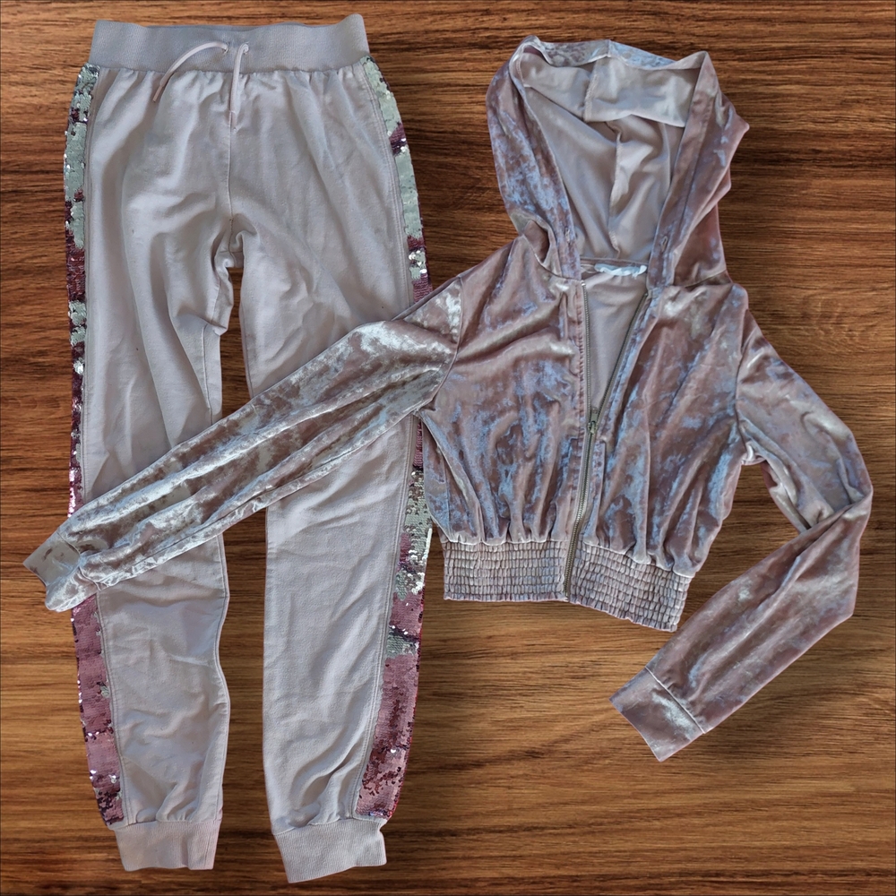 S/M Pink Weekend Edition Velvet Crop Hoodie and George Jogger Sequins